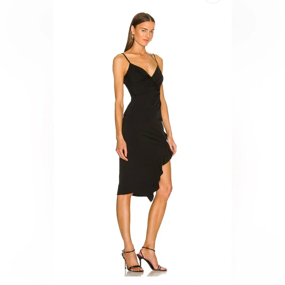Revolve Black ruffle asymmetrical hem high slit Midi Dress S cocktail datenight - Picture 4 of 15